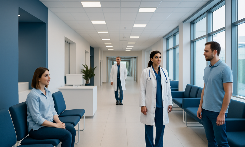 Healthcare professionals and patient in a modern hospital corridor.