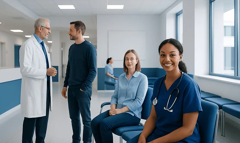 Healthcare professionals and patients in a hospital corridor.