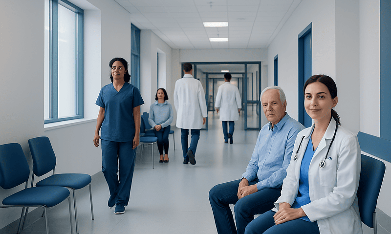 Healthcare professionals and patients in a hospital corridor at Acibadem Hospitals Group.