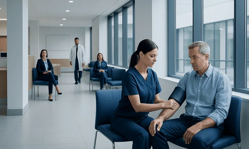 Healthcare professional measuring blood pressure of a patient in a modern clinic.