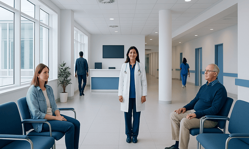Healthcare professionals and patients in a modern hospital waiting area.