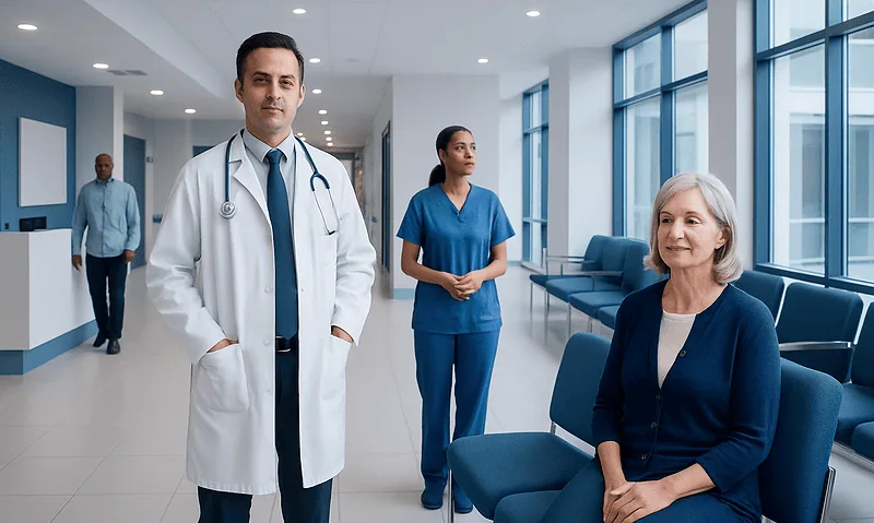 Medical team with doctor and nurses in hospital corridor.