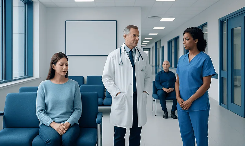 Doctor consulting with patient in hospital corridor.