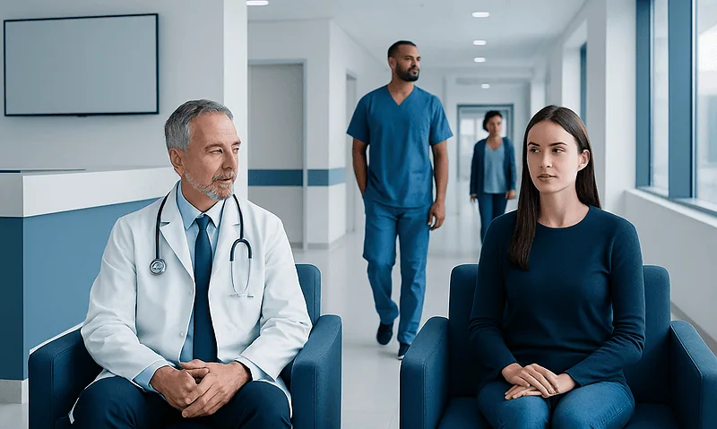 Doctor and patient waiting in a hospital corridor at Acibadem Hospitals Group.