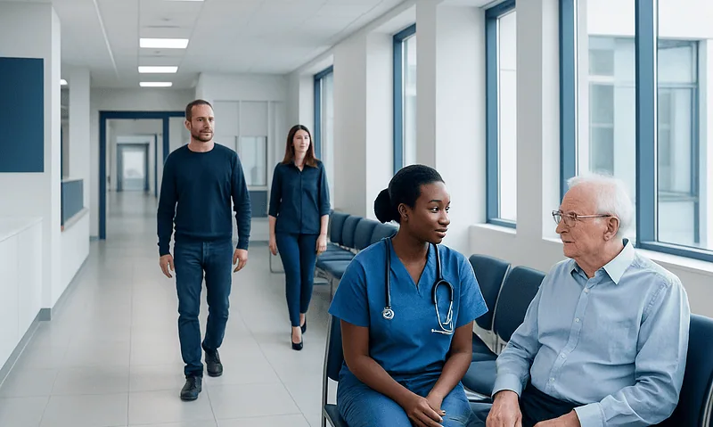 Healthcare professionals consulting with a patient in a hospital corridor.