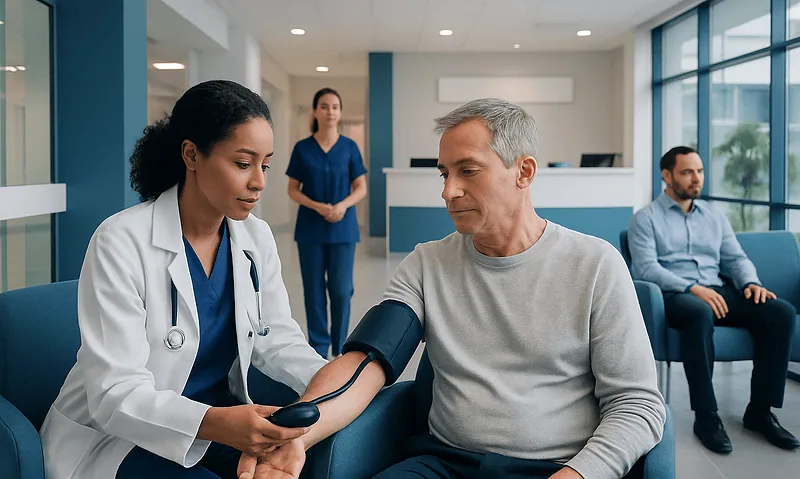 Healthcare professional measuring blood pressure of a patient in a hospital.