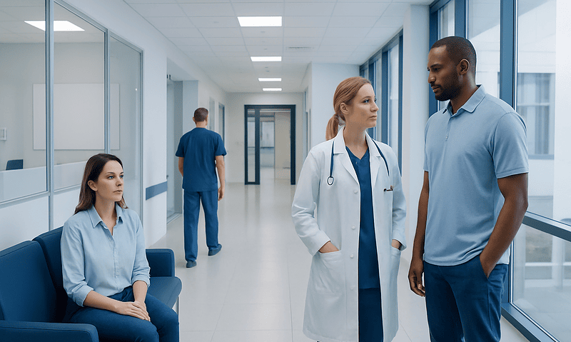 Medical professionals and patients in a hospital corridor.