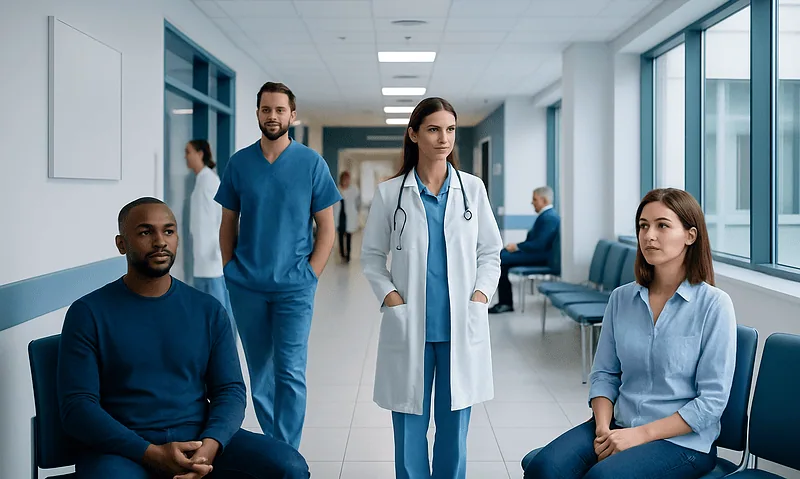 Medical team in hospital corridor with patients waiting.