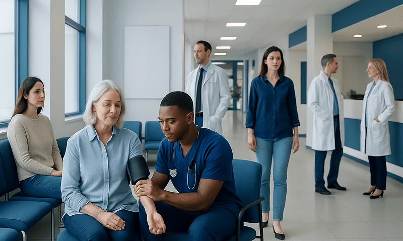 Healthcare professionals and patients in a hospital waiting area.