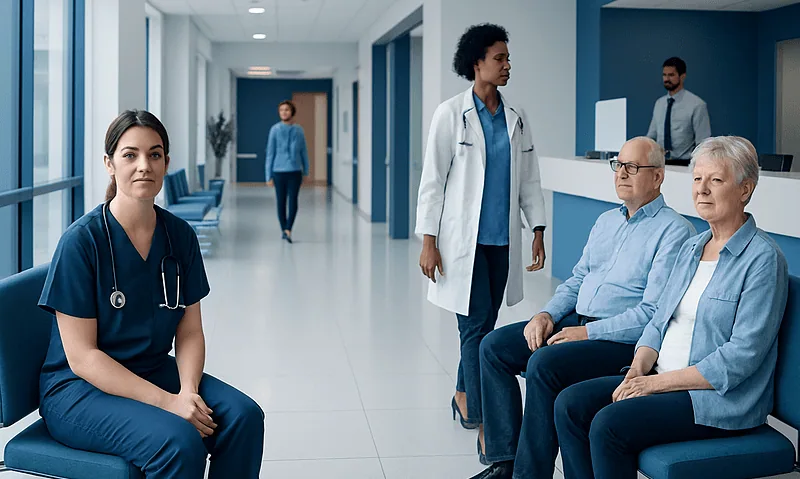 Healthcare professionals and patients in a hospital corridor.