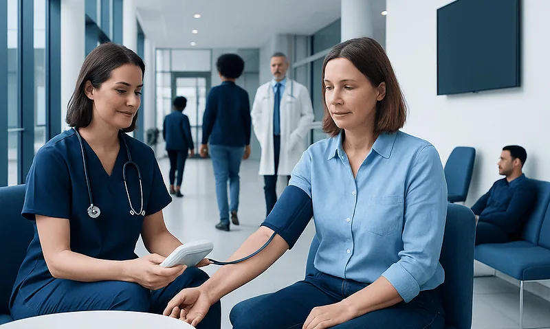 Healthcare professional measuring blood pressure of a patient in hospital corridor.