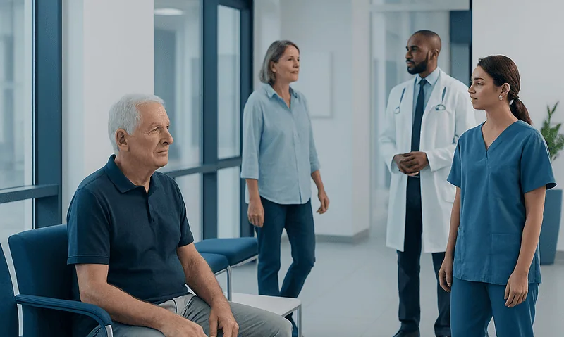 Doctor consulting elderly patient in hospital corridor.