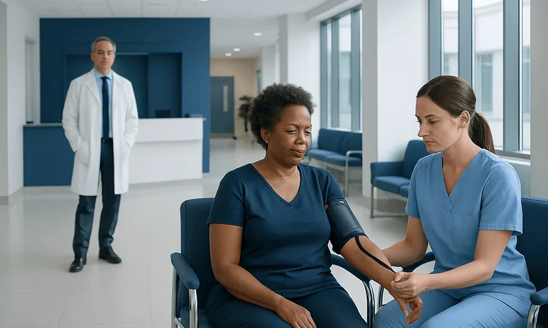 Doctor measuring blood pressure of a patient in a hospital setting.