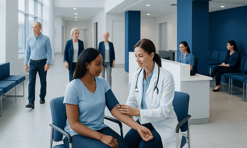 Healthcare professional measuring blood pressure of a patient in a hospital.