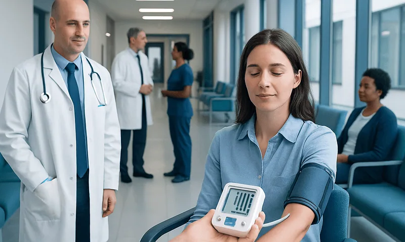 Patient having blood pressure measured at Acibadem Hospital.