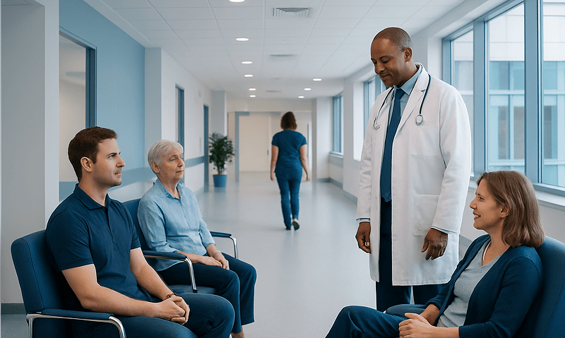 Doctor consulting with patients in a hospital corridor.
