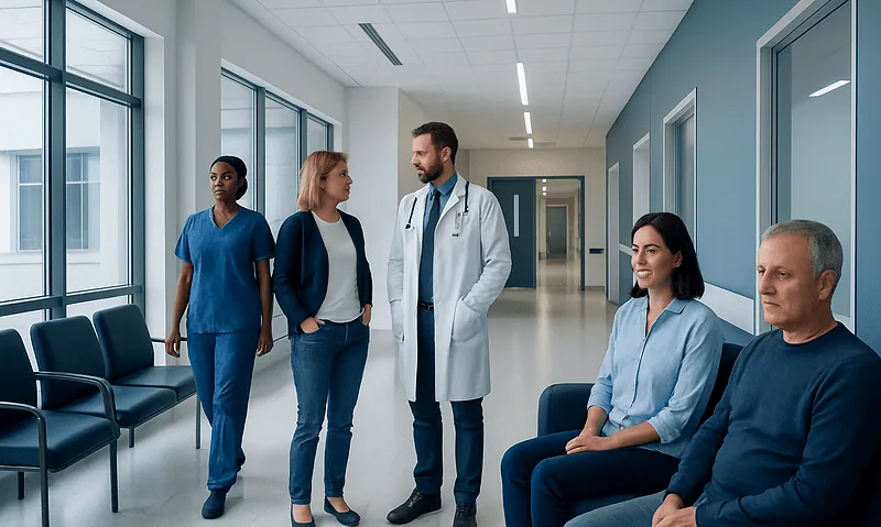 Medical team and patients in a hospital corridor at Acibadem Hospitals Group.