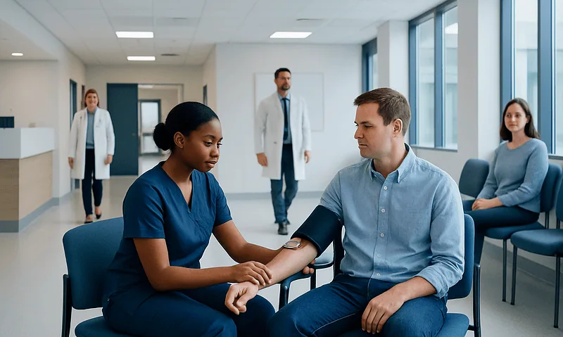 Doctor measuring patient's blood pressure in a hospital setting.