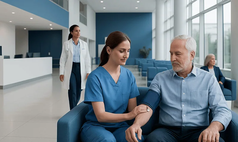 Healthcare professional measuring blood pressure of senior male patient in hospital.