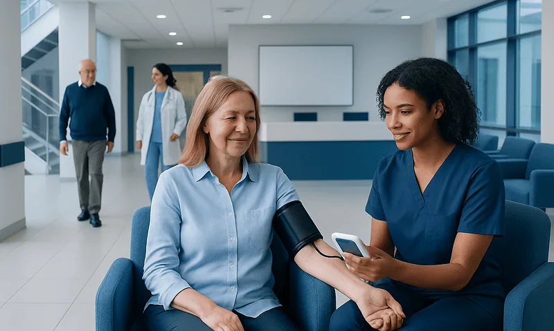 Healthcare professional measuring blood pressure of a patient in a hospital.
