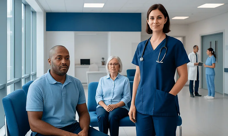 Healthcare professional with patients in a hospital waiting area.