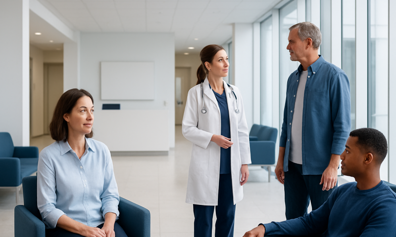 Doctor consulting with patients in a hospital lobby.