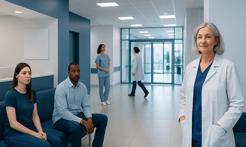 Healthcare professionals and patients in a modern hospital corridor.
