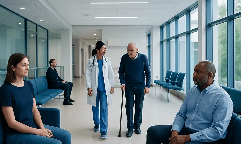 Patients and healthcare professionals in a hospital corridor.