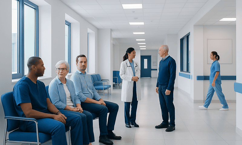 Hospital waiting area with medical staff and patients.