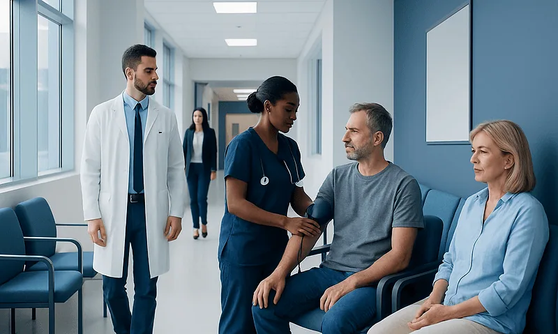Doctor measuring blood pressure of patient in hospital corridor.