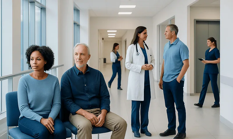 Patients waiting in a hospital corridor with medical staff nearby.