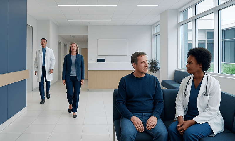 Doctor consulting with patient in modern hospital corridor.