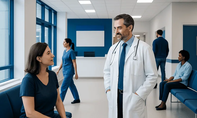 Doctor consulting a patient in a hospital corridor with other staff and patients nearby.