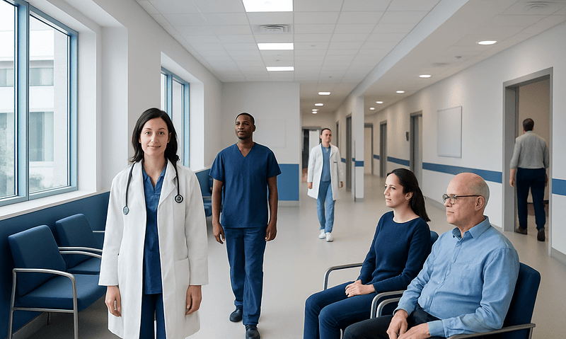 Medical professionals and patients in a hospital corridor at Acibadem Hospitals Group.