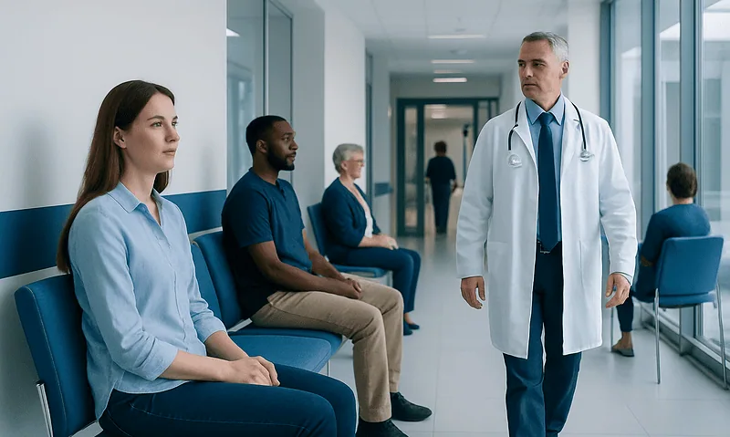 Doctor consulting with patients in a hospital corridor.