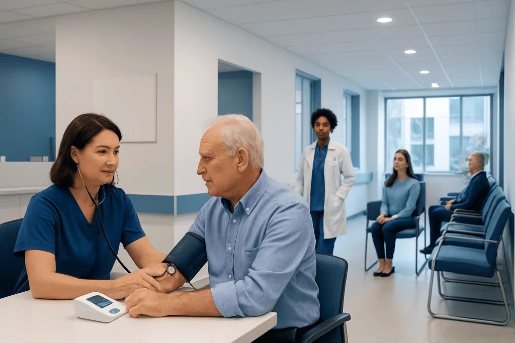 Blood Pressure 114/70: Is It Normal? What This Reading Means for Your Health 1 Doctor measuring blood pressure of a senior male patient in a hospital.