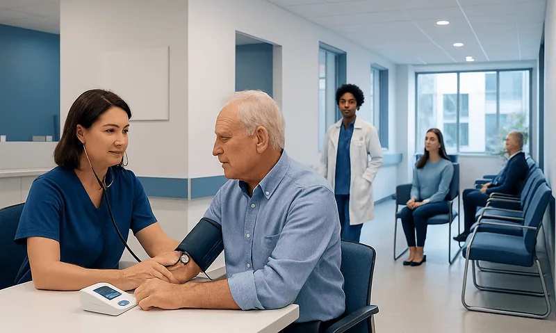 Doctor measuring blood pressure of a senior male patient in a hospital.