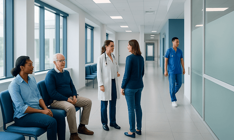 Patients and healthcare professionals in a hospital corridor.