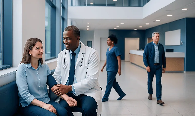 Doctor measuring blood pressure of a patient in a hospital lobby.