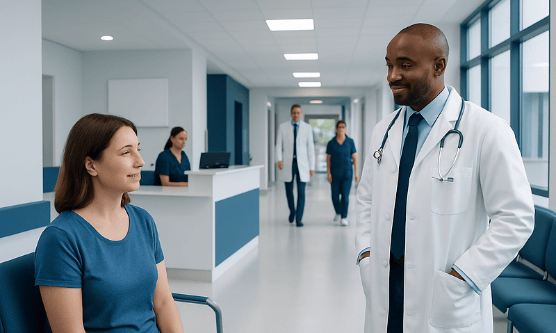 Doctor talking to a patient in a hospital corridor at Acibadem Hospitals Group.