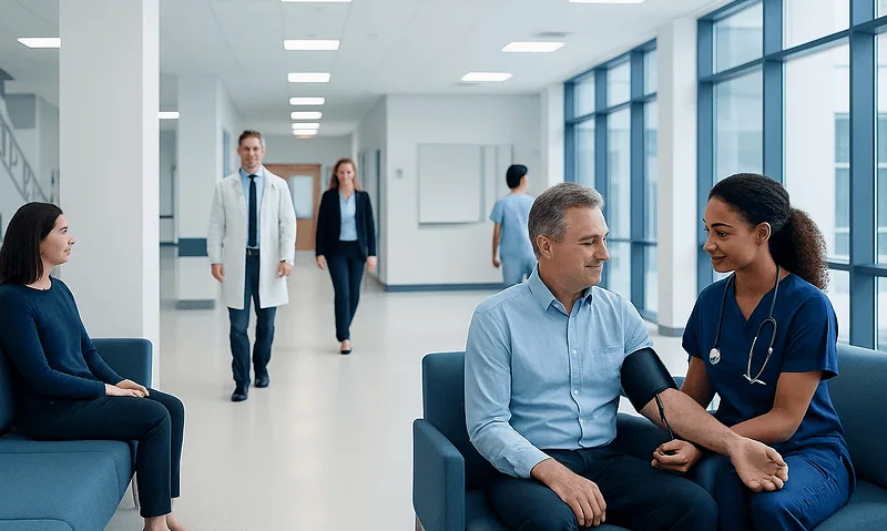Doctor measuring patient's blood pressure in hospital corridor.