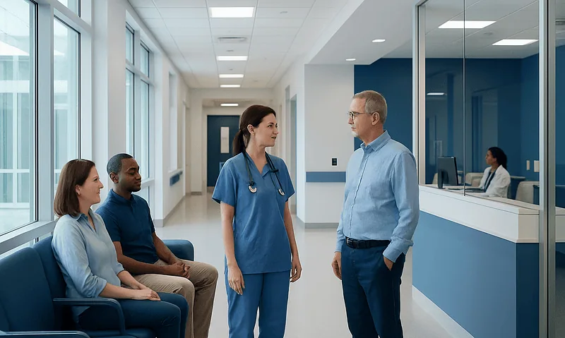 Healthcare professional consulting patients in hospital corridor.