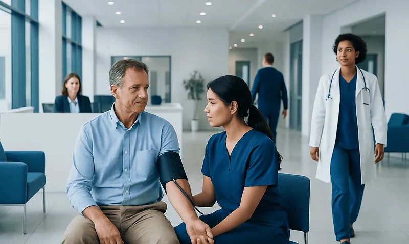 Doctor measuring blood pressure of a patient in a hospital setting.