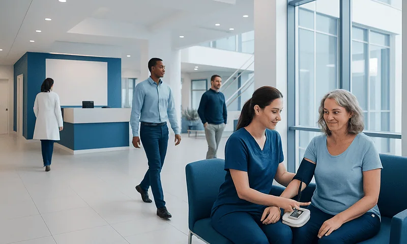 Healthcare professionals assisting a patient in a modern hospital lobby.