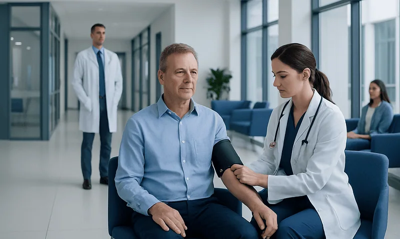 Doctor measuring blood pressure of a patient in a hospital corridor.