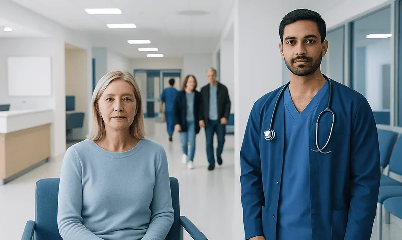 Patient and doctor in hospital corridor for blood pressure check.
