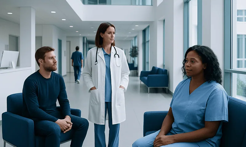 Medical consultation in a modern hospital with doctor and patients.