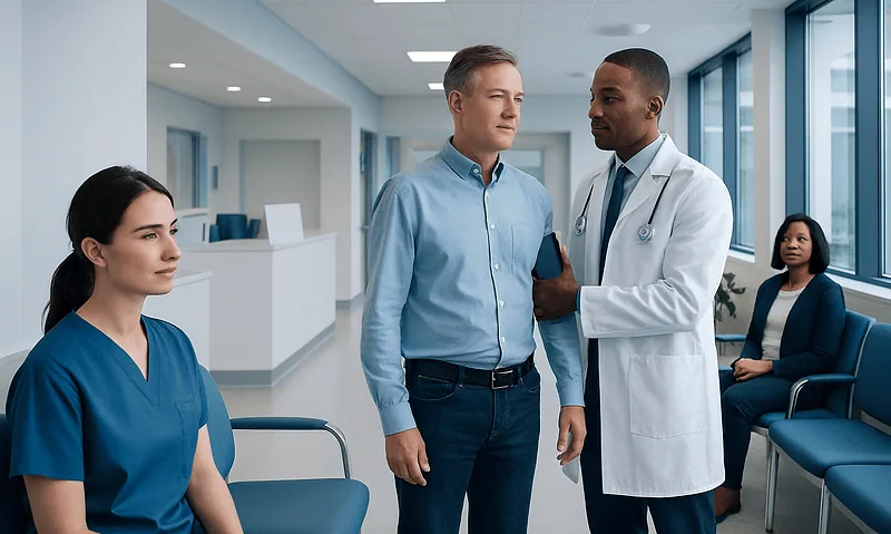 Doctor checking blood pressure of a male patient in a hospital corridor.