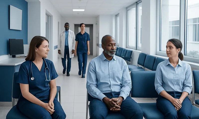 Medical team waiting in a hospital corridor for patient consultation.