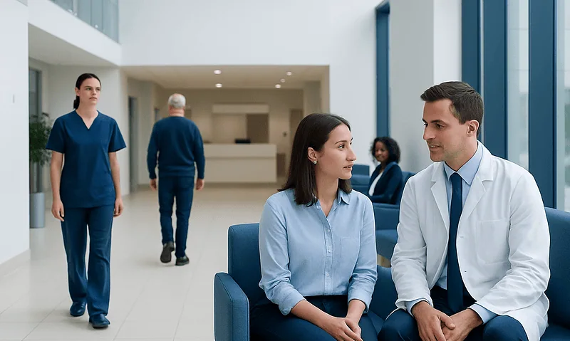 Medical consultation at Acibadem Hospital with doctor and patient.